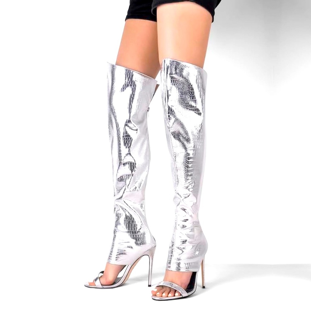 Metallic Silver croc print thigh high heel boots